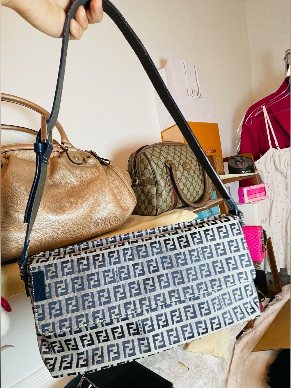 Fendi Authentic Monogram Canvas Baguette Shoulders Bag in Navy & White